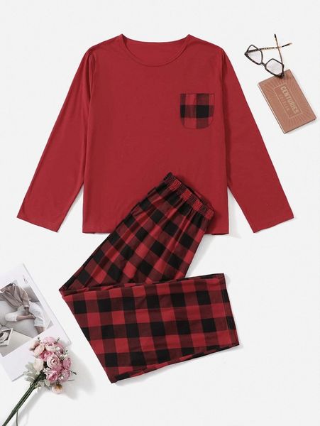 

plus buffalo plaid pocket patched pj set u9ya#, Black;white