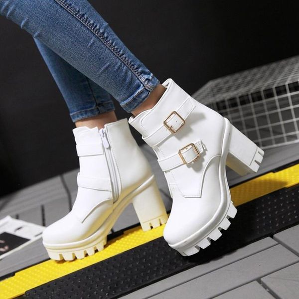 

boots ochanmeb good quality goth shoes women chunky heels platform buckle strap motorcycle black white shoe woman 43