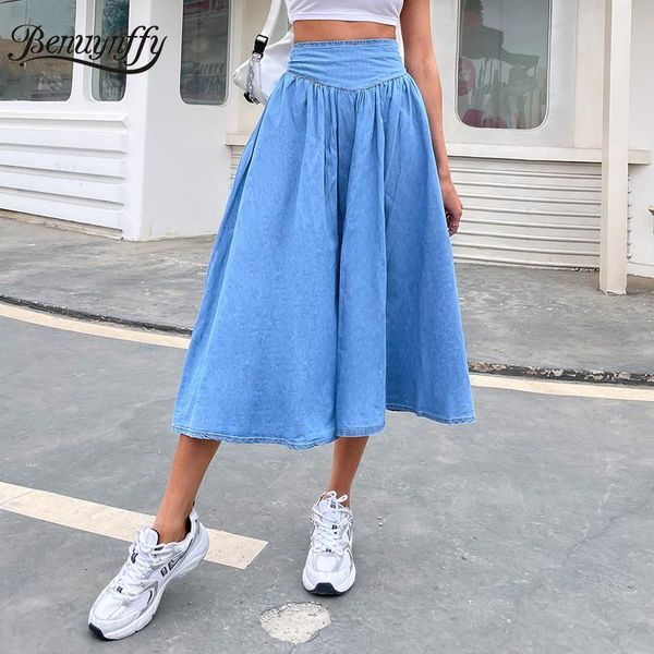 

skirts benuynffy solid zipper back long jean women 2021 summer wash high waist female casual flared denim skirt streetwear, Black