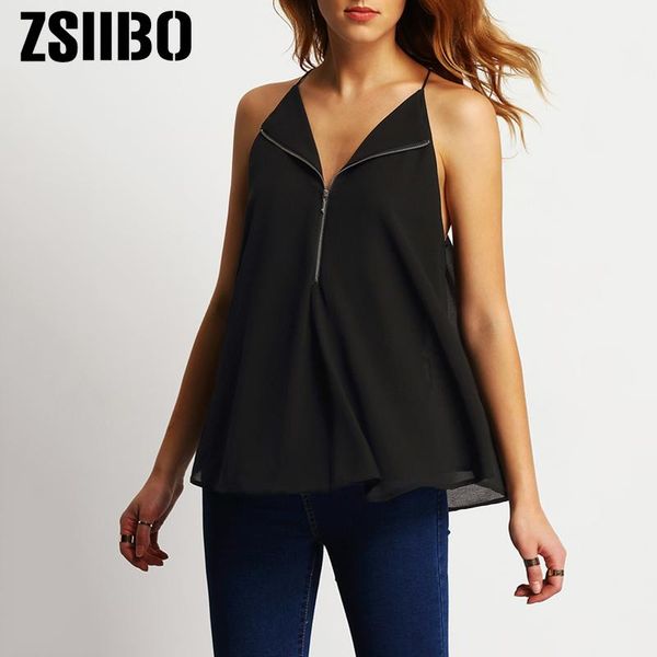 

women's blouses & shirts zipper up women blouse casual sleeveless sling chiffon shirt v neck backless vest plus size clothing, White