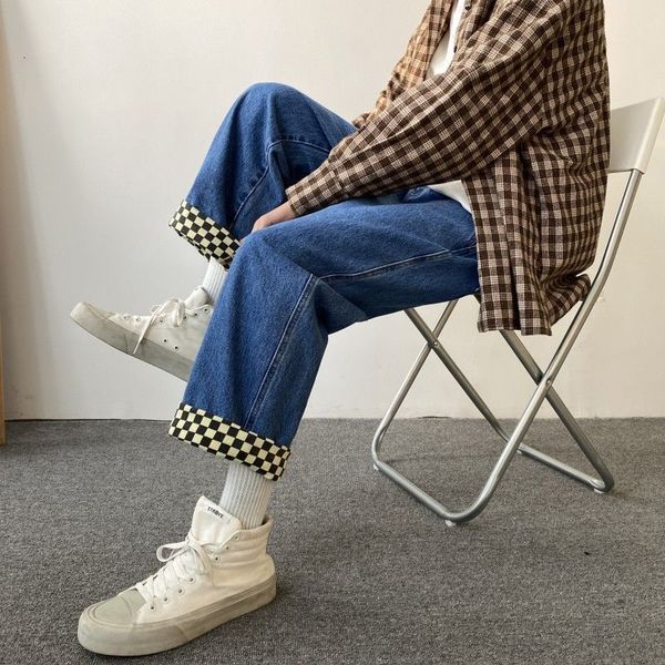 

2021 wide-leg men's fashion retro casual plaid jeans men streetwear hip-hop straight denim trousers mens s-2xl klod, Blue