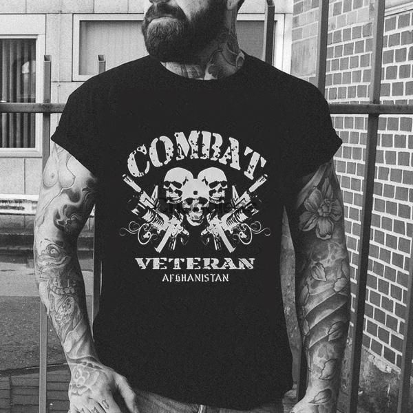 

men's t-shirts combat veteran afghanistan army t-shirt black guns skull men cotton, White;black