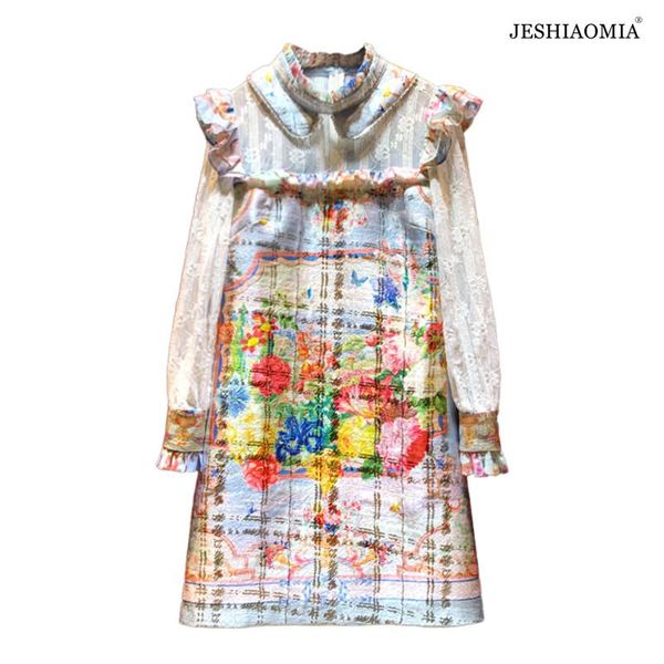 

casual dresses jeshiaomia- 2021 autumn stand collar floral print patchwork dress, Black;gray