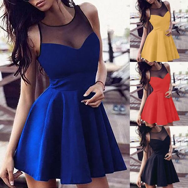 

women's dress 2021 spring solid o neck casual sheath fashion club sleeveless lace splicing empire mini dresses women, Black;gray