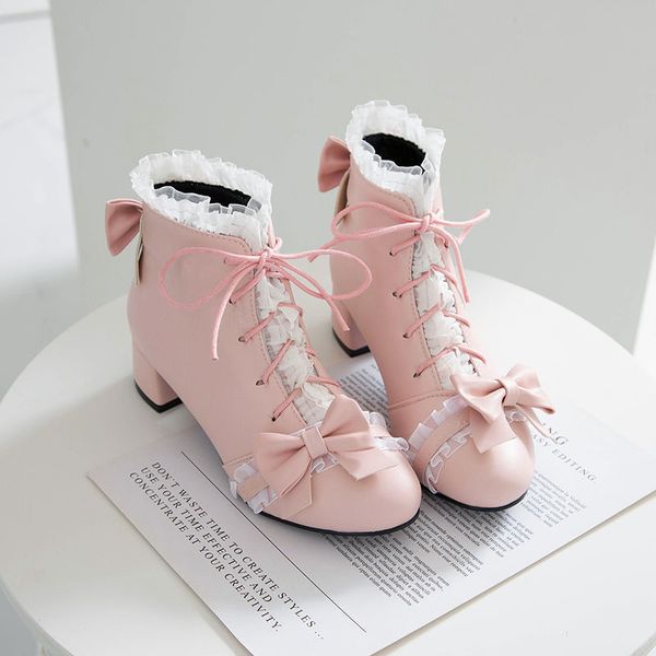 

high superior sweet girls mid-kawaii heels tea beautiful japanese party anime lolita lace up jk women's bowknot uniform shoes mqir, Black
