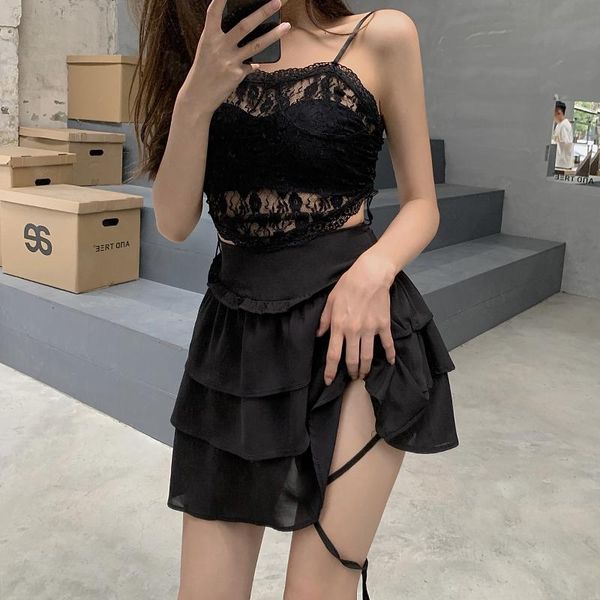 

skirts high waist irregular skirt chiffon cake mini women elastic ruffle white lace up female fashion korean, Black