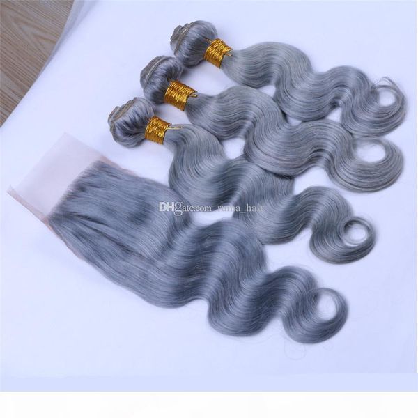 

ruma hair sliver grey pure color peruvian virgin hair 3 bundles with lace closure body wave hair with 4*4 lace closure, Black;brown