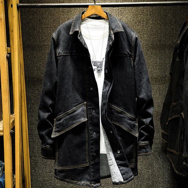 

autumn and winter men's jacket fashion mid-length print black denim coat lapel long sleeve men's windbreaker, Black;brown