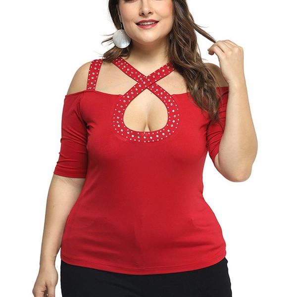 

6xl plus size off shoulder t-shirt women drilling hollow out ladies spring slim fit tee shirt camisa feminina q30, White