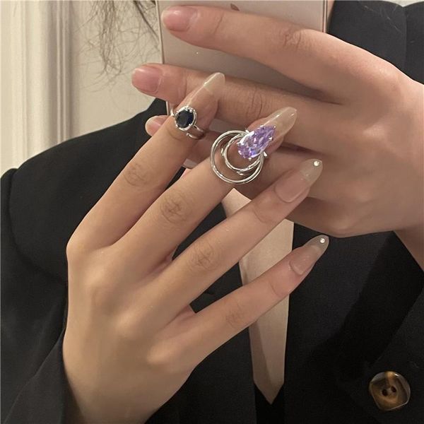 

wedding rings trendy purple blue rhinestone multilayer irregular silver color metal ring for women ins fashion accessories gifts, Slivery;golden