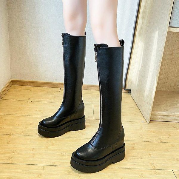 

boots 2021 fashion women internal increase pu leather autumn winter knee high ladies thick sole platform botas mujer, Black