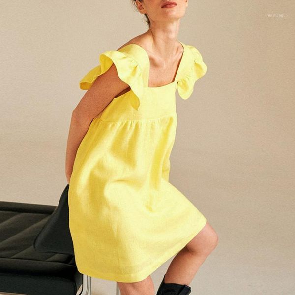 

women's swimwear fashion women cotton linen dress solid color square neck short sleeve butterfly sweet mini 2021 summer, White;black