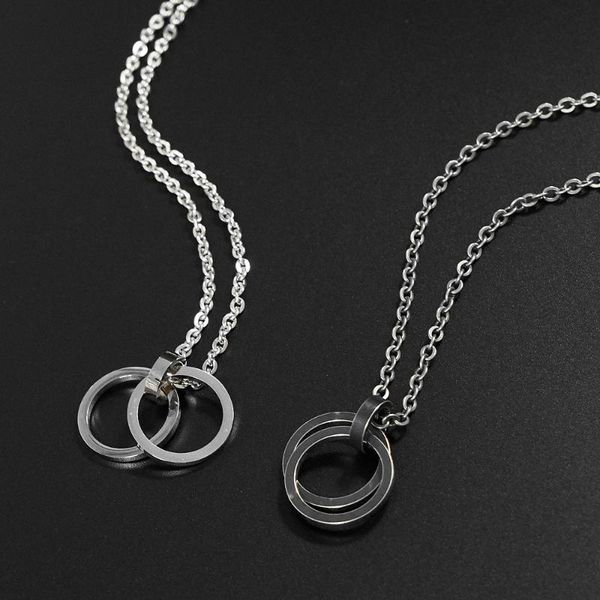 

chains minimalist punk titanium steel hiphop couple sweater steels chain double-ring round pendant metal necklace for men, Silver
