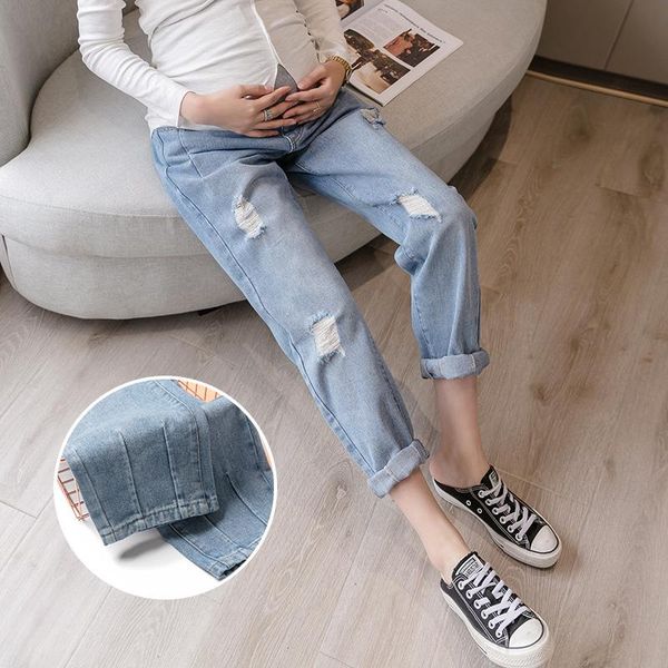 

maternity pants spring autumn maternity jeans belly support pants hole decoration trousers, White