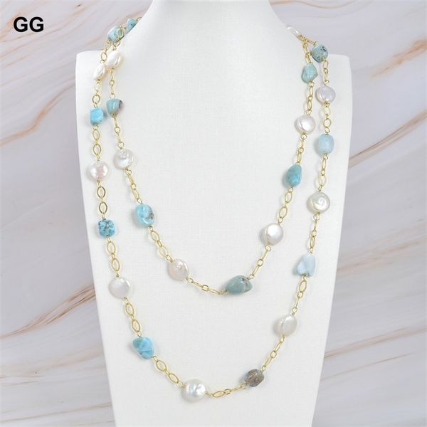 

guaiguai jewelry 49'' freshwater coin pearl natural blue larimar chain long necklace, Silver