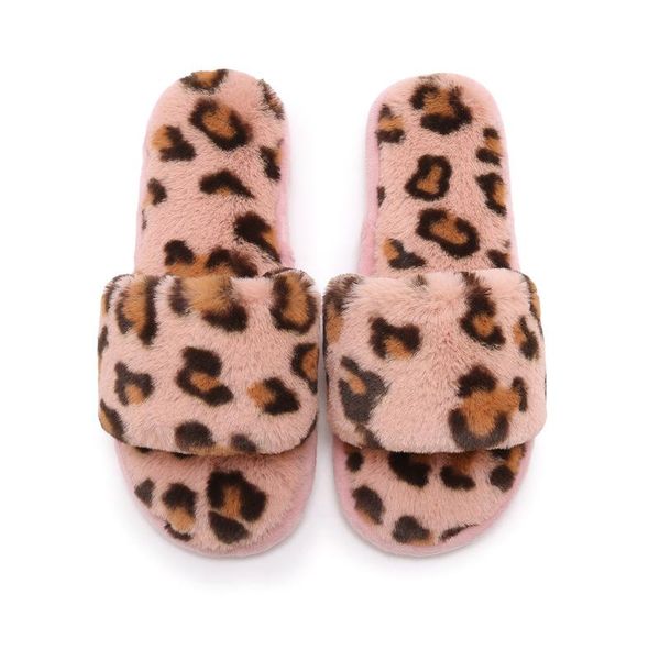 

slippers rass ple 2021 fur slides leopard pantoufle femme autumn winter warm chaussures open toe shoes women, Black