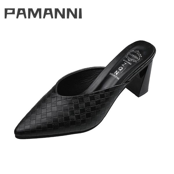 

slippers pamanni ladies summer spring leisure solid outside high heels women modern pointed toe shallow handmade breathable, Black