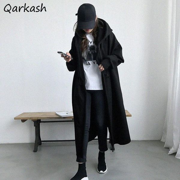 

women's trench coats women long sleeve thicken autumn winter warm loose solid color open stitch harajuku hooded ladies outerwear teens, Tan;black