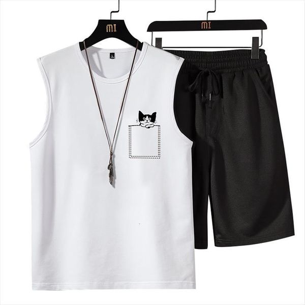 

print summer sets sportswear casual mens tracksuits two piecess set tank shorts streatwear gym clothing, Gray