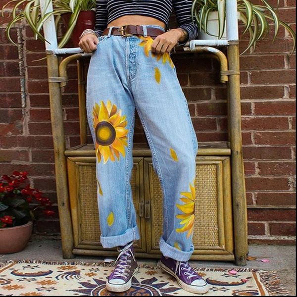 

big pocket floral print jeans women autumn high waist pants wide leg denim for ropa mujer harajuku ladies trousers, Blue