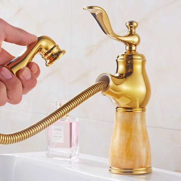 

luxury european style copper golden faucet basin jade pull faucet under counter basin gold-plated universal cold
