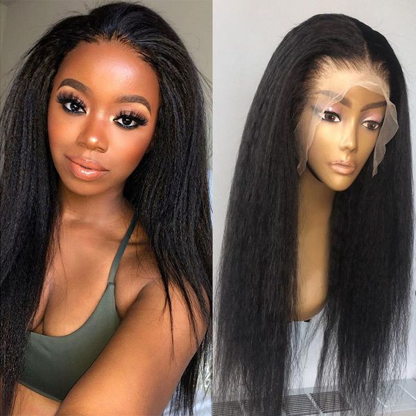 

26inch 180density natural black yaki hair lace front wigs for women with babyhair kinky straight glueless preplucked baybyhair daily, Black;brown