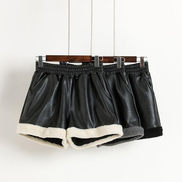 

teenage girls pu leather elastic waist women shorts lamb velvet winter warm sexy, White;black