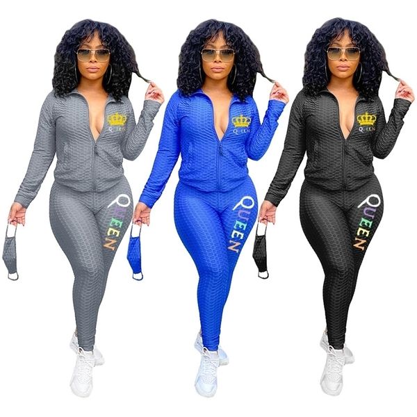 

with face mask women tracksuit two piece queen letters zipper jackets coats pants trousers girls autumn yoga jogger suit outfits h2xwik, White