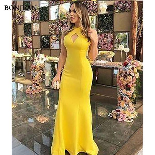 

party dresses simple evening dress mermaidsheath halter backless yellow long prom gown custom made vestido de noite, White;black