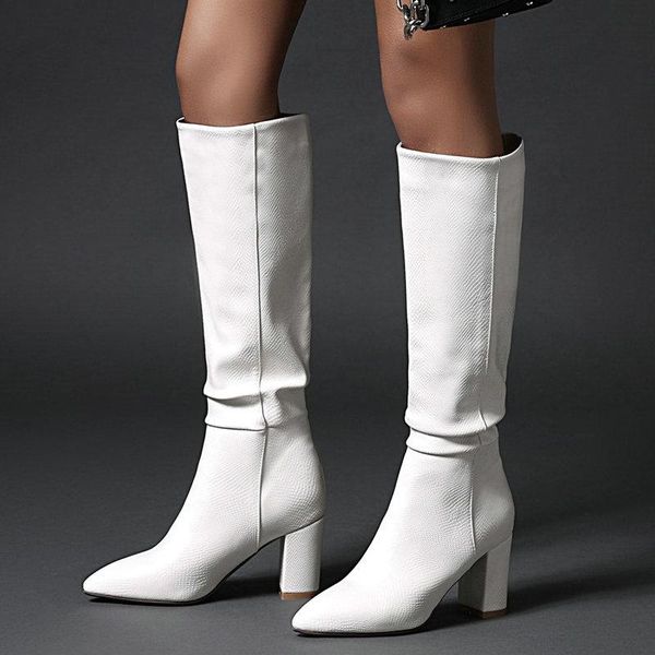 

boots winter fashion knee high women faux leather square heel long pointed toe autumn shoes 2021, Black