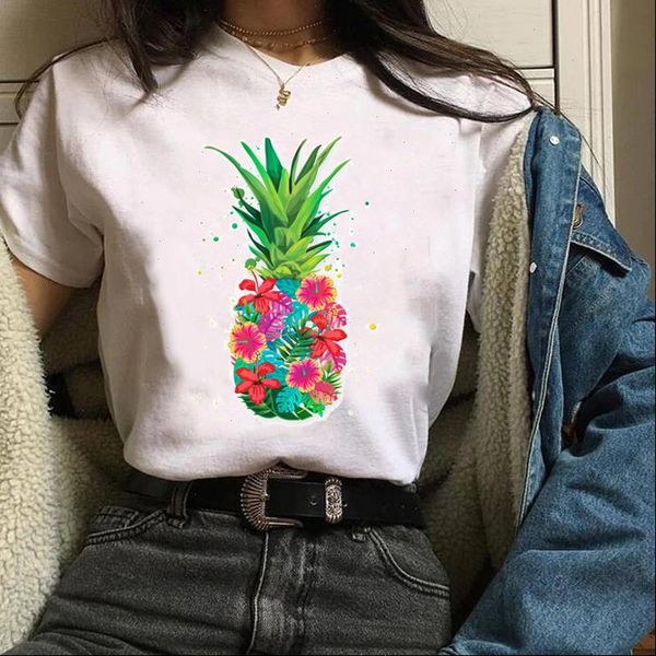 

women lady tees print graphic pineapple flower floral fashion beach 90s clothes clothing female t shirt womens t shirt, White