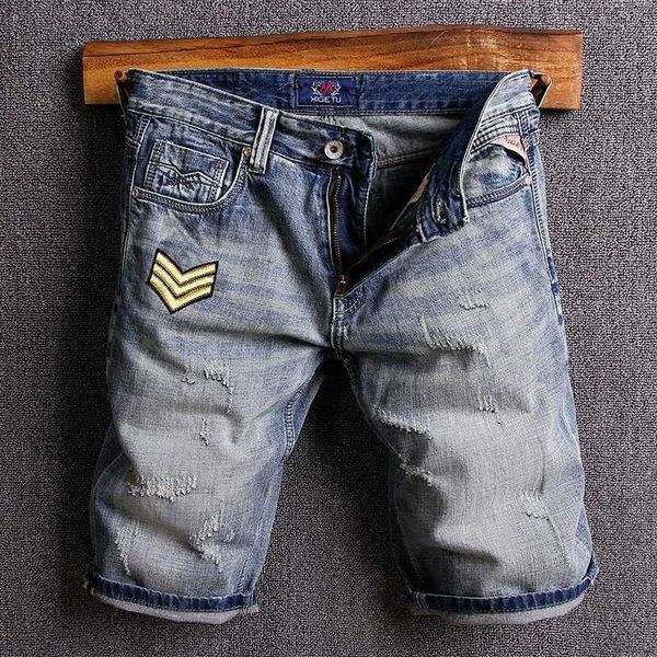 

men's jeans italian style fashion retro blue patches designer ripped denim shorts men hip hop short hj1l fbn1