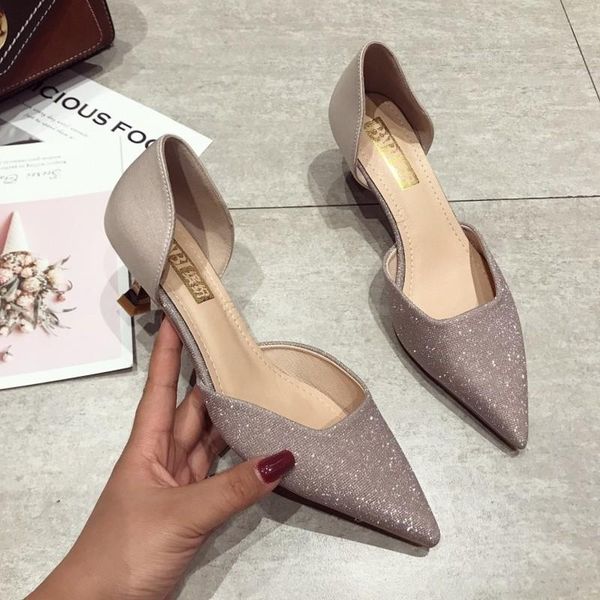 

dress shoes zapatos mujer fashion pumps for lady office concise shallow mouth pointed toe side hollow sequins high heels k16-24, Black