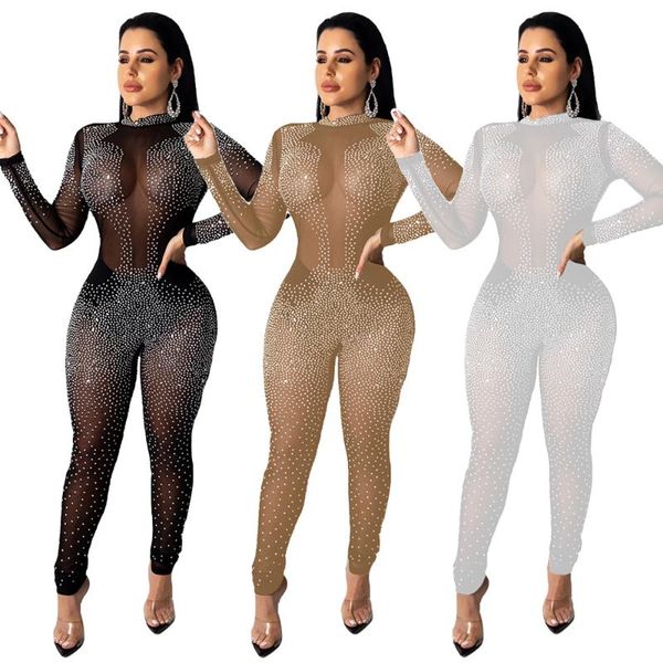 

women's jumpsuits & rompers fashion women jumpsuit rhinestone mesh sheer playsuit long sleeve bodycon bodysuit club party wear romper o, Black;white