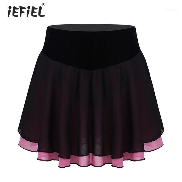 

skirts 2021 kids girls soft lightweight chiffon figure skating ice short skirt stage performance costume casual training11, Blue
