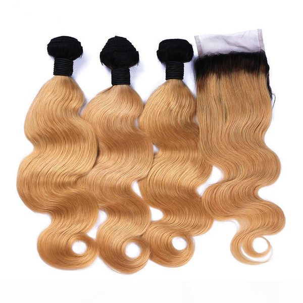 

1b 27 honey blonde ombre brazilian virgin hair 4x4 lace closure with body wave dark roots strawberry blonde ombre human hair weave bundles, Black