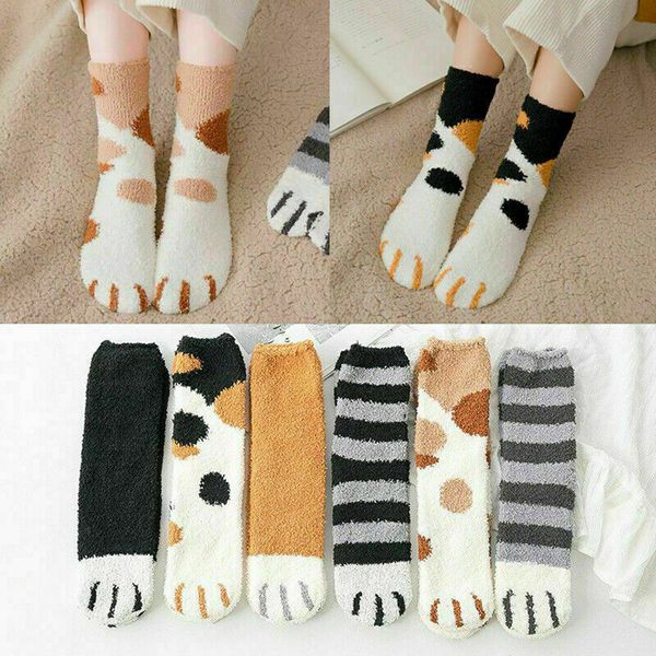 

women pairs sok ffy slipper winter fall fuzzy cute girl cat poot home sleeping animal socks, Black;white