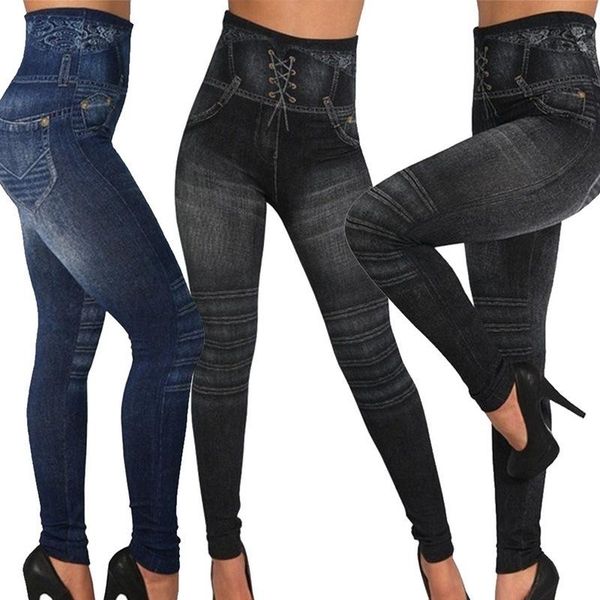 

women's leggings faux jeans stretch print cropped pants high waist imitation denim slim large size tight seamless, Black