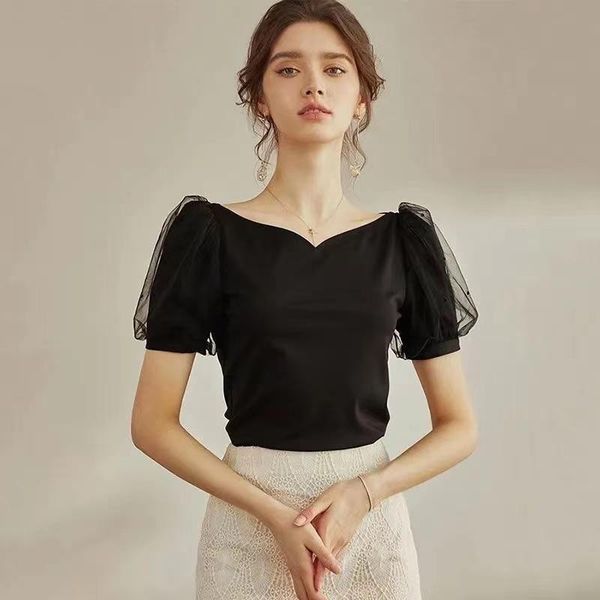 

women's t-shirt summer t shirt women mesh puff sleeves slim fashion french style lady camisetas de mujer, White