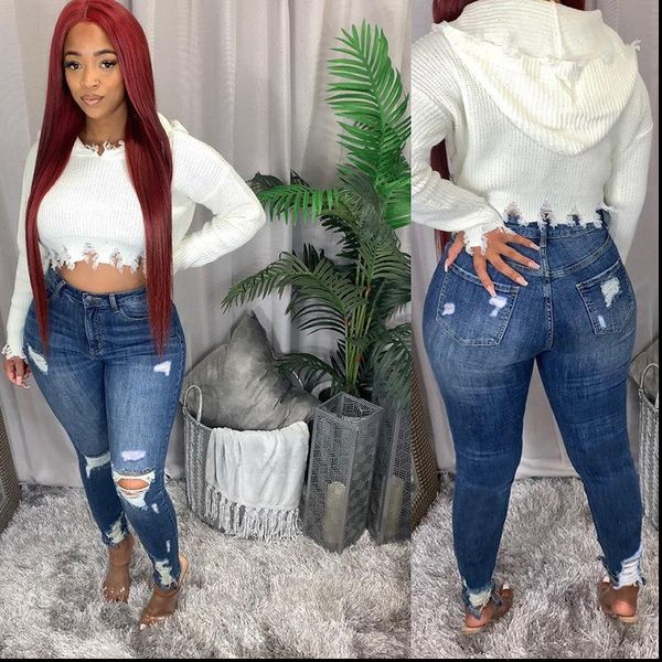 

plus size light blue womens jeans ripped street style mid rise distressed trouser stretch skinny hole denim pencil pants