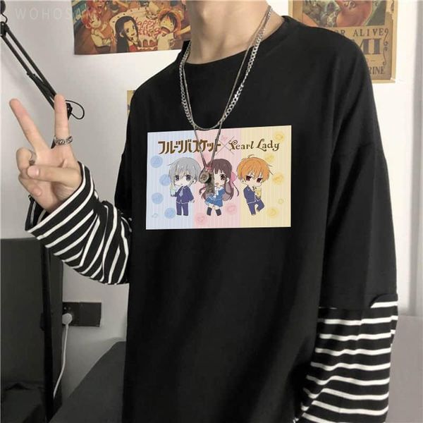 

men's t-shirts harajuku anime fruits basket long-sleeved striped t-shirt men women funny cartoon kawaii souma kyo friends summer casual, White;black