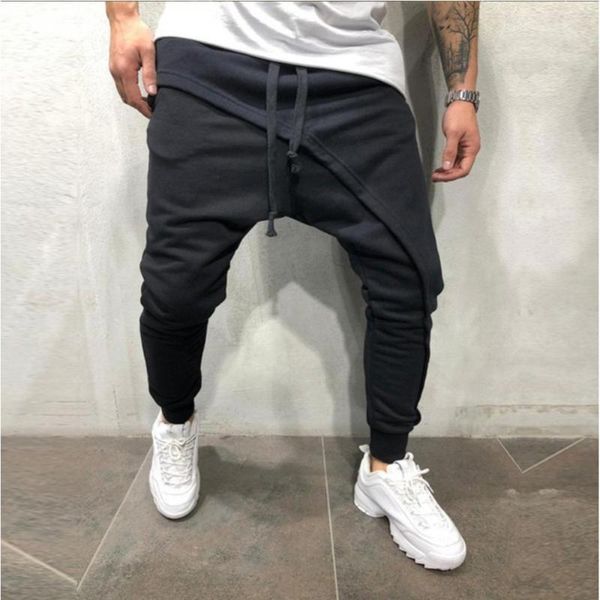 

men's pants sell arrival 2021 sporty fashion men solid color drawstring asymmetric double layer long running clothing, Black