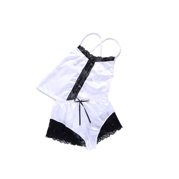 

2021 summer women 2 piece set satin lace lingerie babydoll sleepwear pajamas v neck solid camis crop shorts clothing, Black