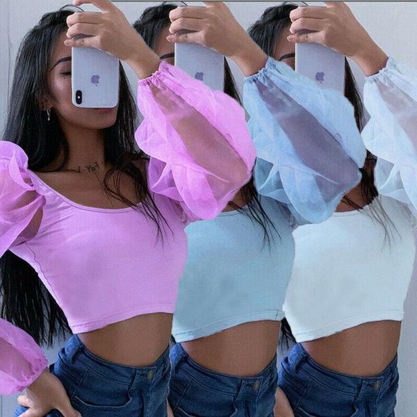 

2021 summer women organza ruffled sleeve solid color casual club short t-shirt vintage tee korean style women clothes, White