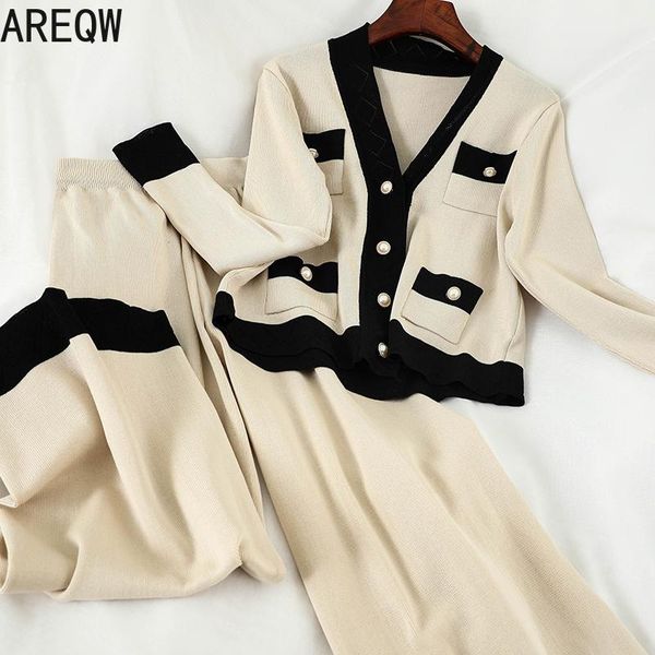 

women's two piece pants 2021 spring autumn knitted suit korean-style long-sleeved v-neck cardigans+pants set, White