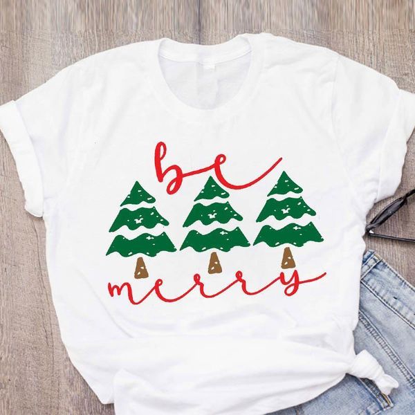 

women graphic cartoon tree trend kawaii 90s clothes merry christmas print lady tees clothing female t shirt t-shirt, White