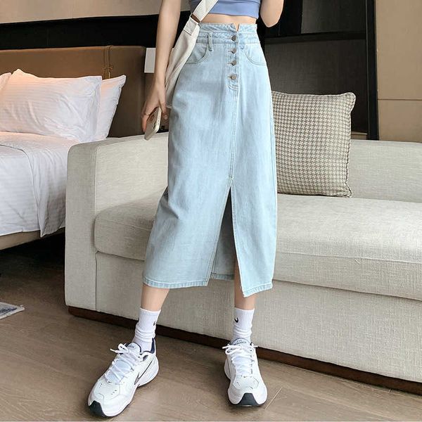 

waist high split denim skirt women's mid length summer thin 2021 hip long, Black