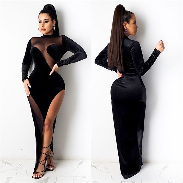 

casual dresses split velvet long sleeve fashion gown club party dress women clothing mesh stitching perspective bodycon c0rf, Black;gray
