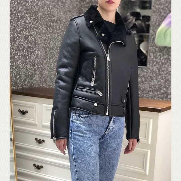 

women's fur & faux real women coat natural double-faced sheepskin and outwear winter merino sheep warm thick, Black