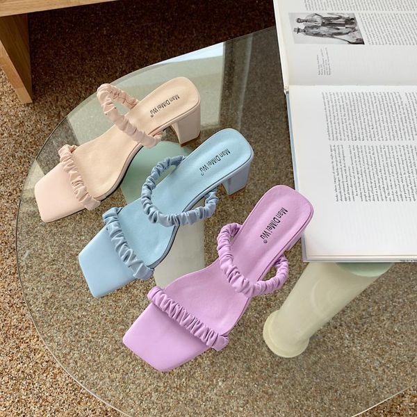 

dress shoes summer sandals women wear pleated one line with thick heel fashion out simple middle size 35-41, Black